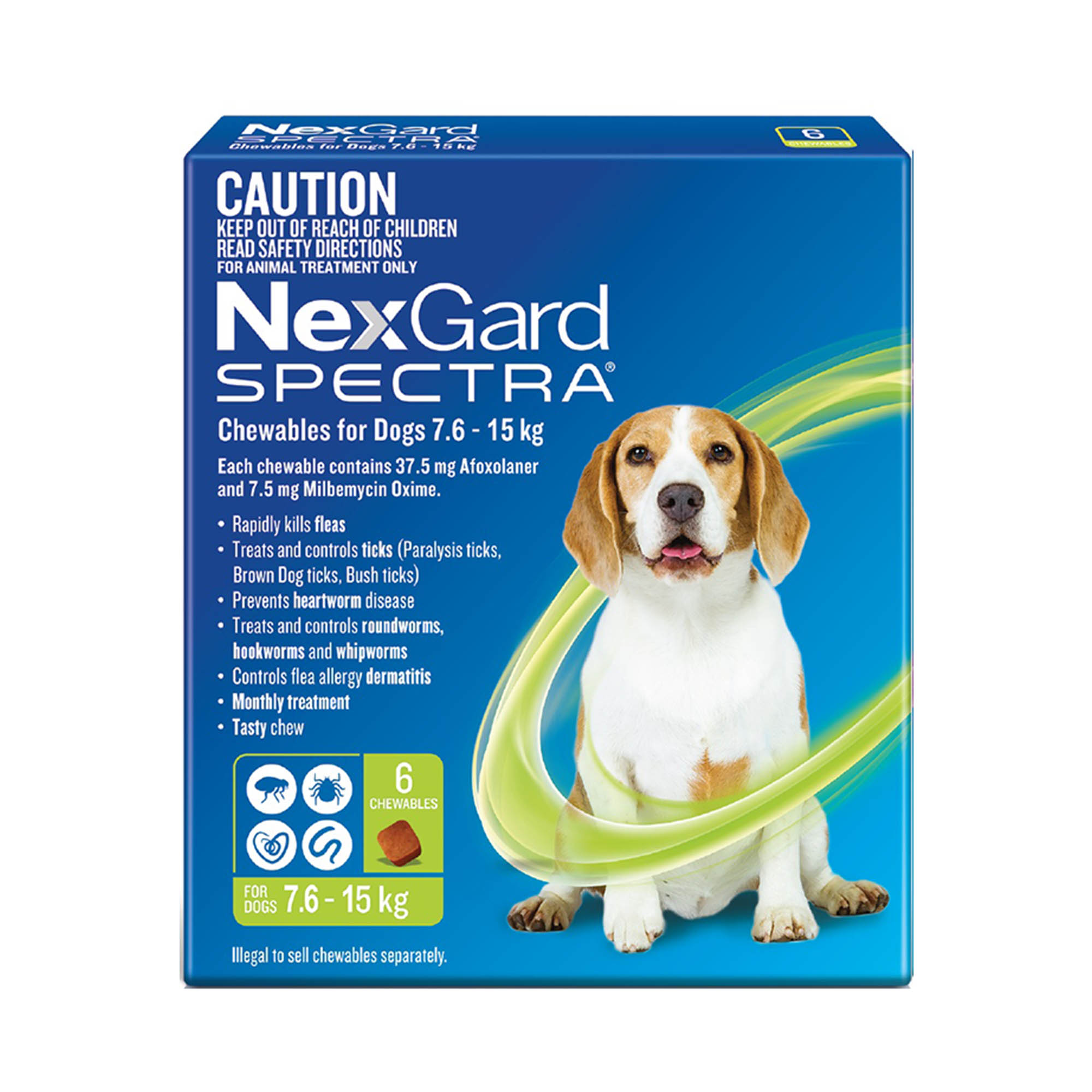 Hộp thuốc NexGard Spectra cho chó từ 7,6 đến 15 kg, màu xanh, có hình ảnh con chó và thông tin sản phẩm.