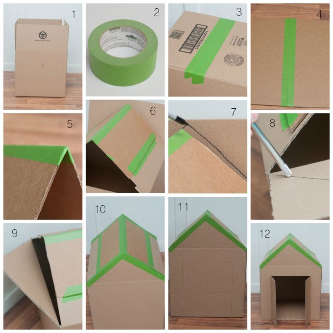 Hướng dẫn làm ngôi nhà từ thùng carton và băng dính xanh lá, qua 12 bước chi tiết, từ cắt đến lắp ráp.