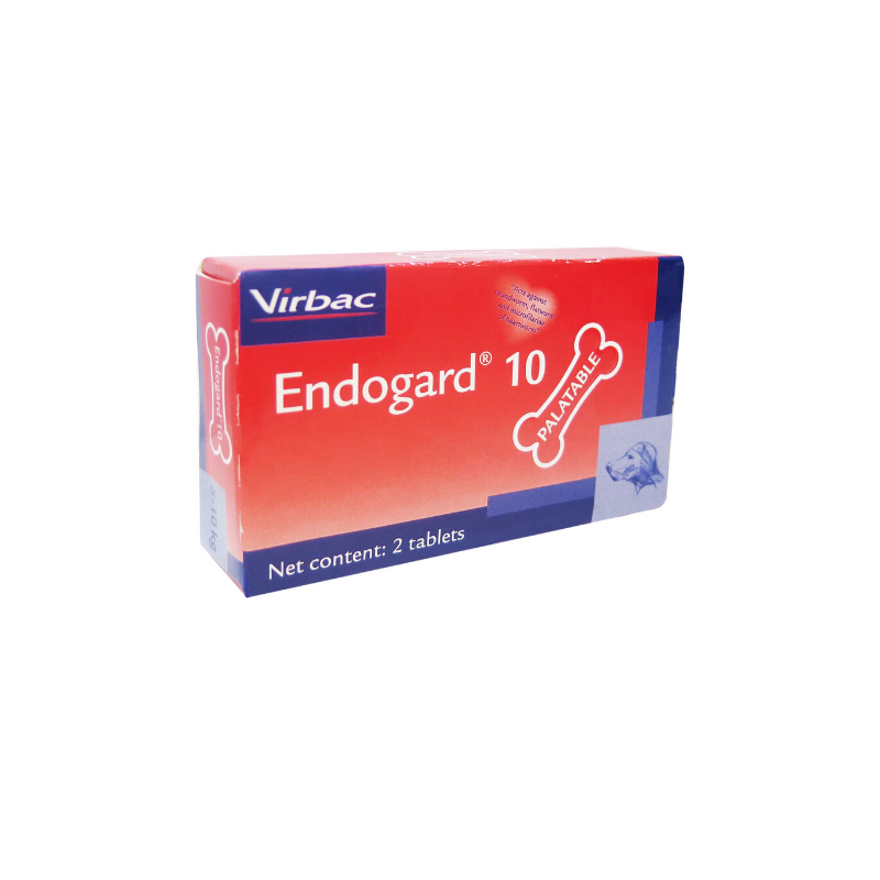 Hộp thuốc màu đỏ cam cho thú cưng, có chữ "Endogard 10" và hình ảnh xương trắng.